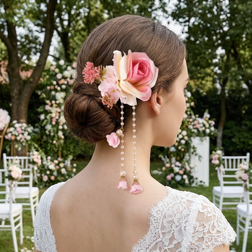 Elegant Ethereal Floral Tassel Hair Clip, Romantic Bun Accessory